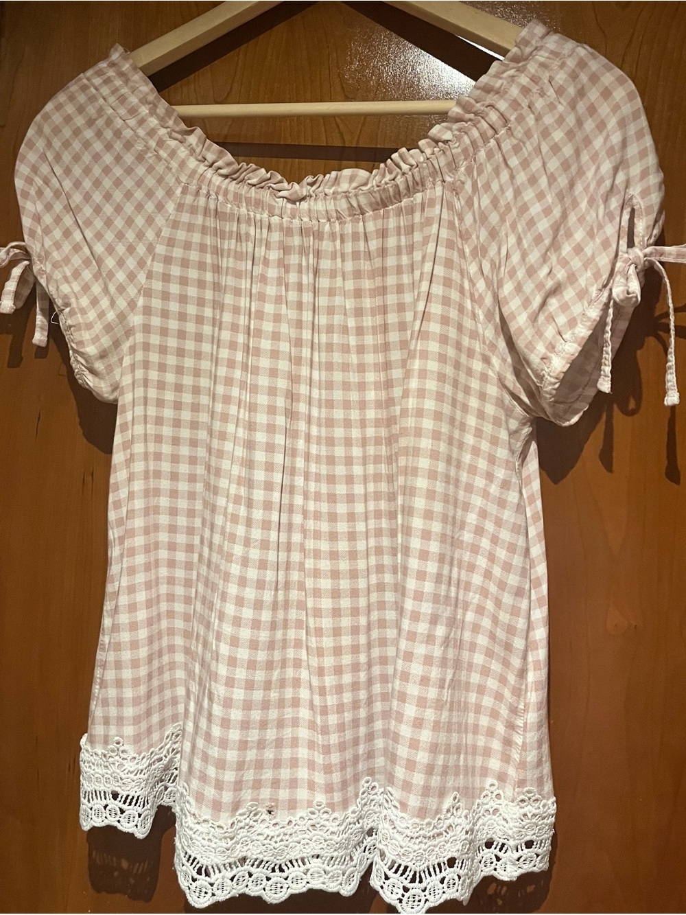 Crave Fame Pink Gingham Off-Shoulder Blouse with Lace Hem